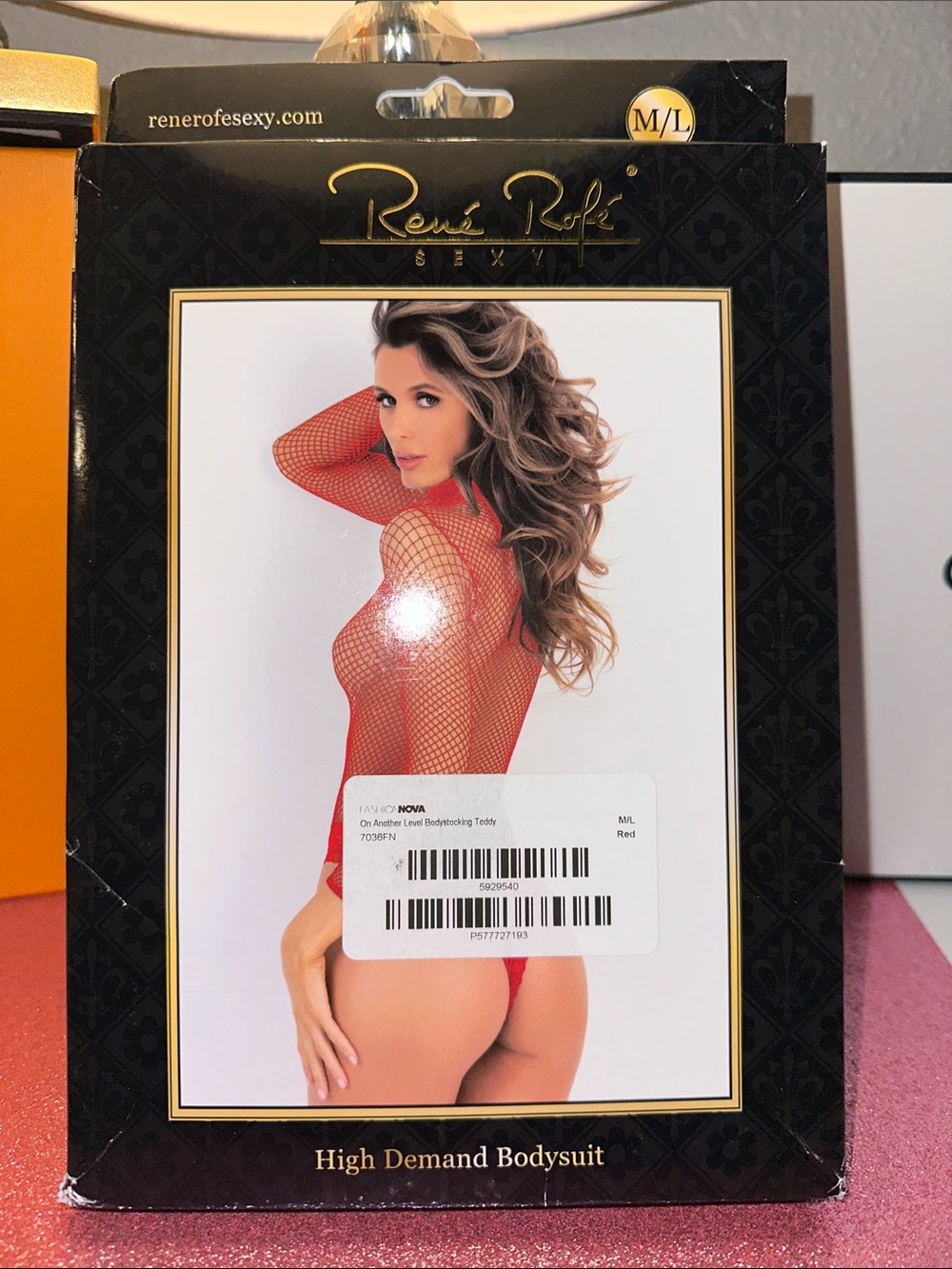 Rene Rofe Red Fishnet High-Neck Thong Bodysuit M/L